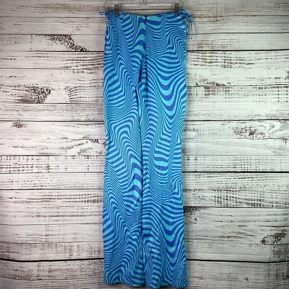 ZARA SIZE XS SPRING BLUE SATIN FLARE SUMMERPANTS 70’S INSPIRE SWIRL COSTUME NWOT - Picture 8 of 13